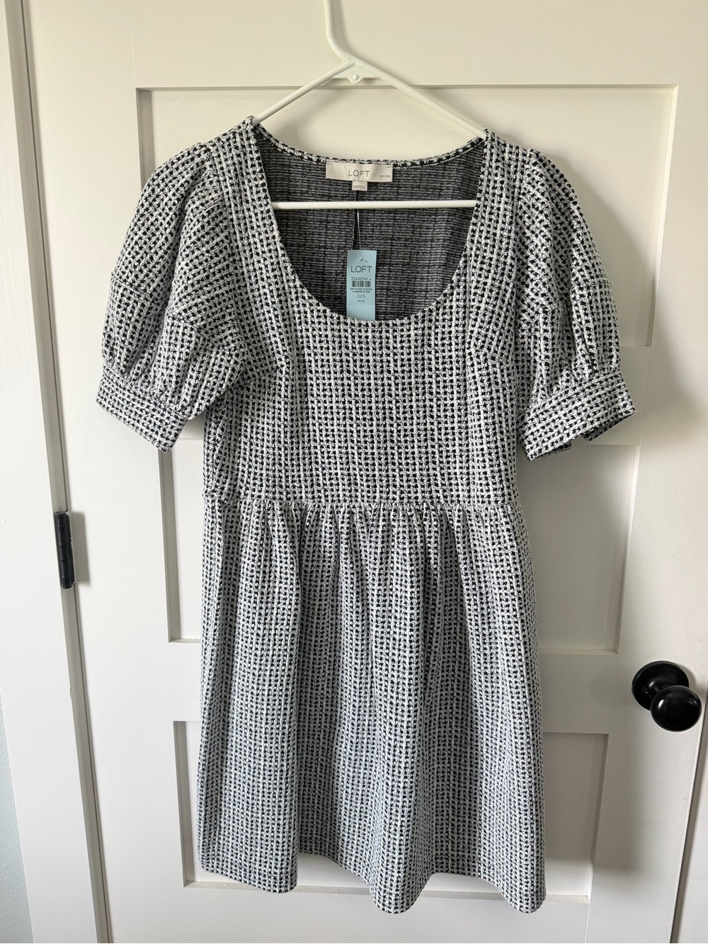 LOFT Black and White Checked Puff-Sleeve Mini Dress